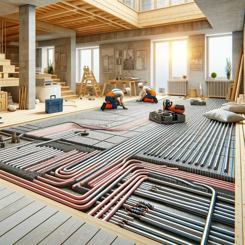 Una habitación en construcción con muchas tuberías en el suelo.