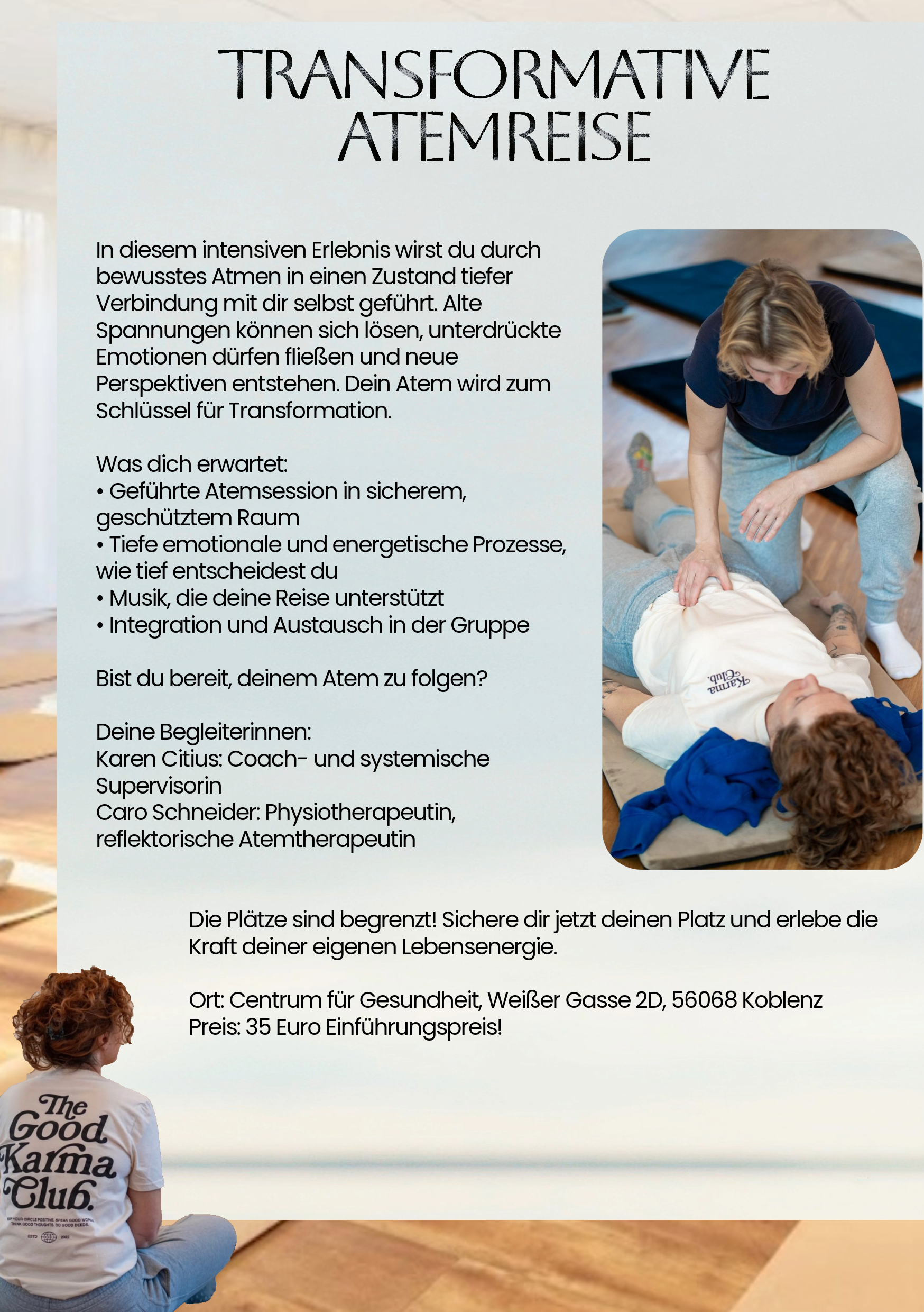 Plakat für „Transformative Atemreise“ mit einer Frau, die eine andere Person beim Atmen anleitet.