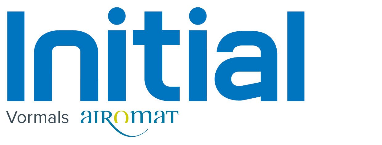 Blaues &bdquo;Initial&ldquo;-Logo mit den Aufschriften &bdquo;Vormals&ldquo; und &bdquo;aromat&ldquo;.