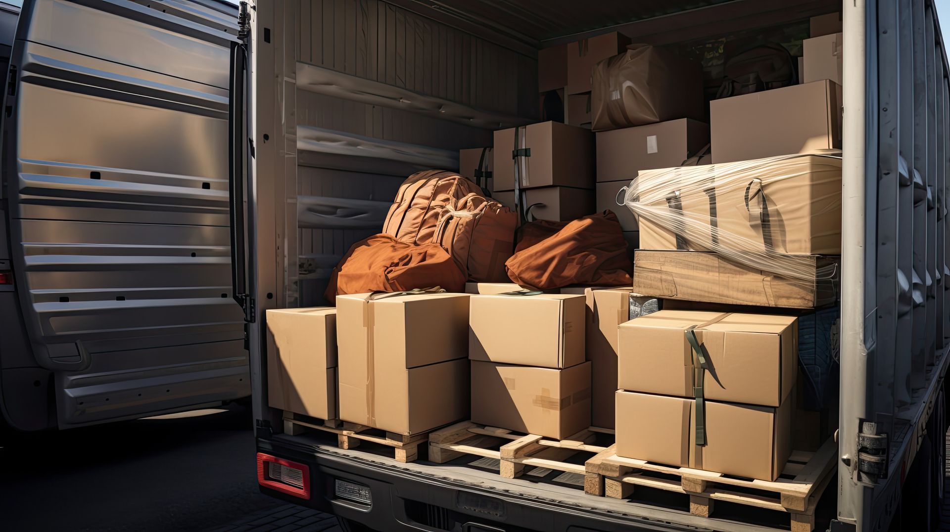 Zona de carga de camiones cargados con cajas y grandes formaciones rocosas.