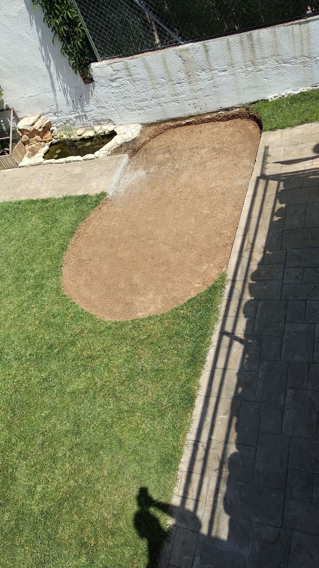 La sombra de una persona se proyecta sobre una acera junto a un césped.