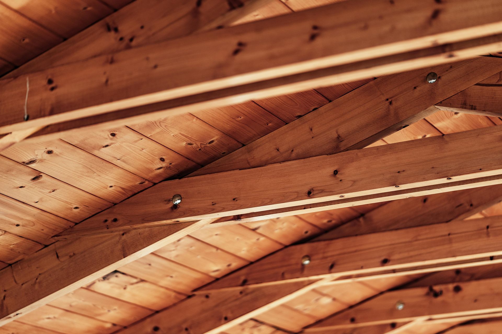 Gros plan sur un plafond en bois avec des poutres diagonales et une lumière naturelle chaude.
