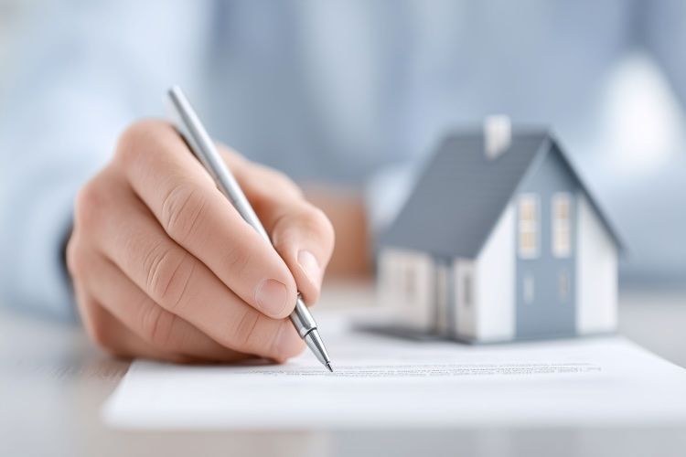 Ein Immobilienmakler in Olten schreibt einen Vertrag, der neben einem Modellhaus liegt. 
