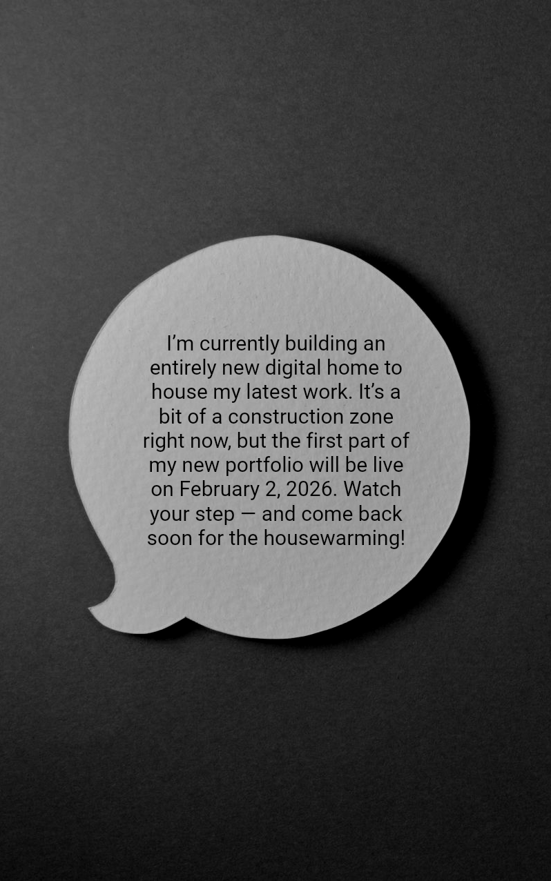 Message note on gray background announcing a new digital portfolio launching February 2, 2026.