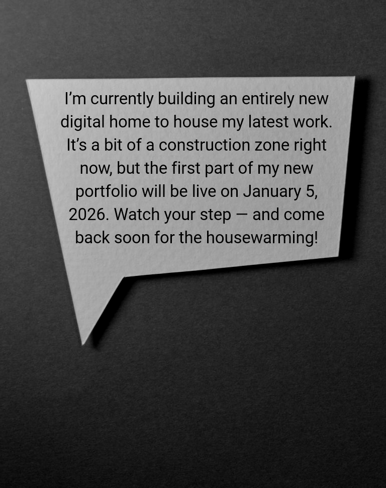 Message note on gray background announcing a new digital portfolio launching January 5, 2026.