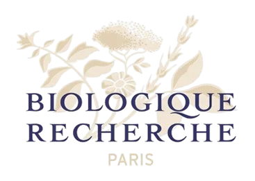 Logotipo de Biologique Recherche Paris, con ilustraciones botánicas en color beige sobre texto azul oscuro.