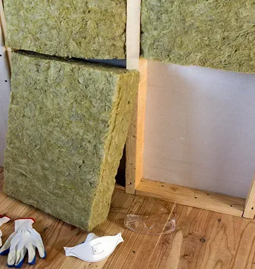 Instalación de aislamiento de pared: paneles de lana de roca en un marco de madera con guantes de trabajo, gafas de seguridad y una máscara.