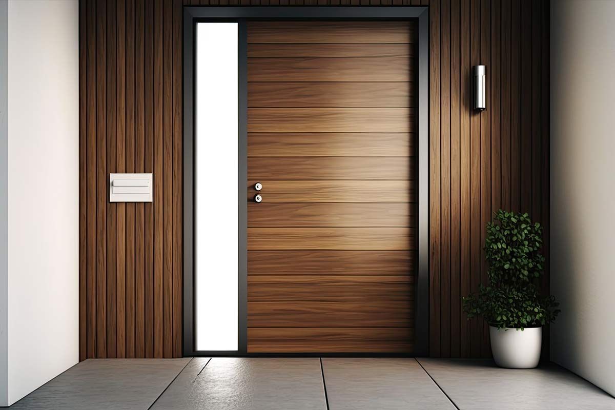 Porte d'entrée en bois verni sombre