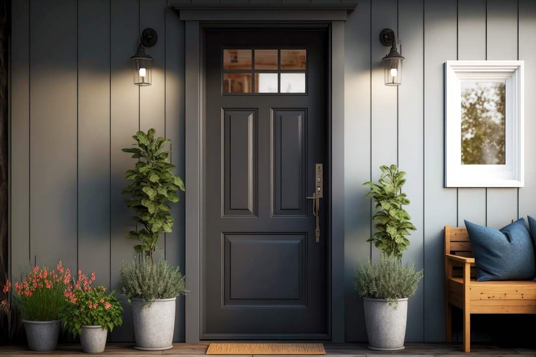 Entrée avec porte en bois sombre et plantes d'extérieur