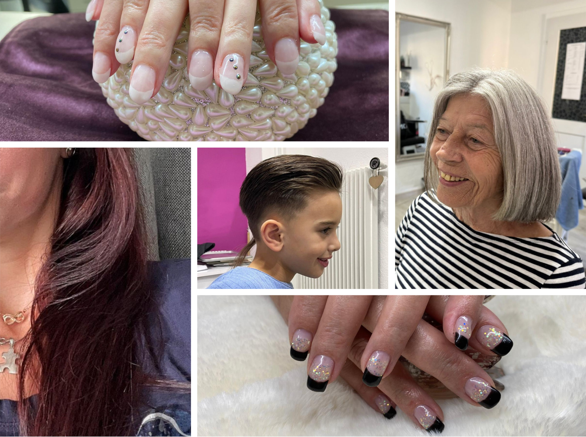 Collage: Manikürierte Nägel (hellrosa, schwarze Spitzen), Frisuren (Kinderhaarschnitt, Damenbob) und eine lächelnde Frau.
