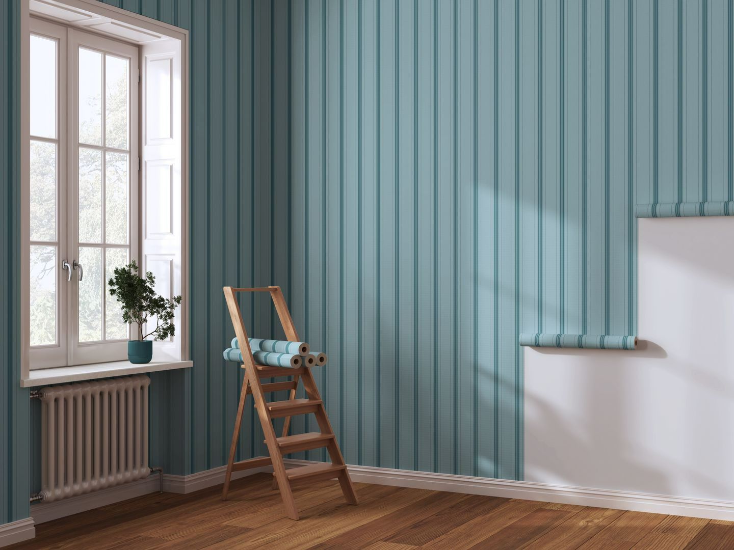 Pose de papier peint rayé bleu