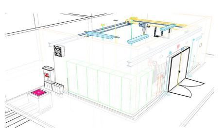 Vista isométrica de una nave industrial con un sistema de grúas en su interior
