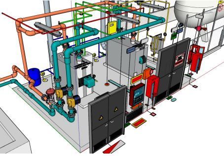 Vista isométrica de una sala mecánica industrial con tuberías, tanques y paneles eléctricos.
