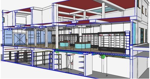 Vista en corte del interior de un edificio de dos pisos con estanterías comerciales, paredes de vidrio y vigas estructurales.