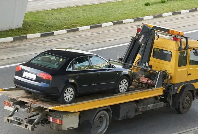 Un automóvil negro siendo remolcado por una grúa amarilla a lo largo de una carretera.