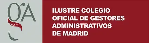 Logotipo del Colegio Oficial de Gestores Administrativos de Madrid. Texto blanco sobre fondo rojo y logotipo sobre fondo gris.