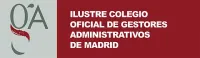 Logotipo del Colegio Oficial de Gestores Administrativos de Madrid. Texto blanco sobre fondo rojo y logotipo sobre fondo gris.