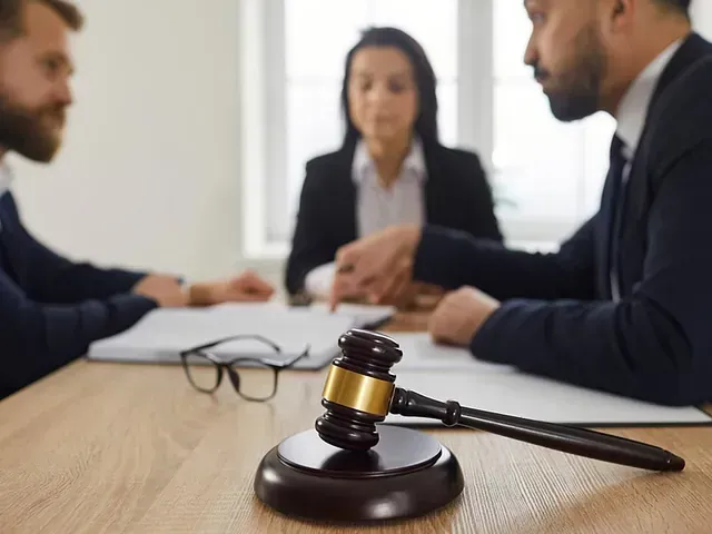 Martillo sobre una mesa con tres personas de traje discutiendo documentos en un despacho de abogados.