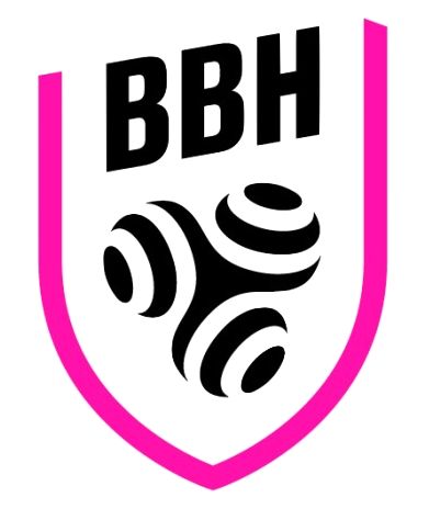 Logo BBH sur un écusson blanc bordé de rose avec un motif abstrait de balle noire