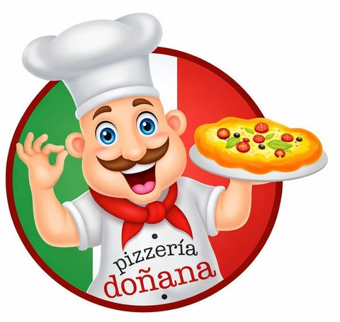 Chef de dibujos animados con sombrero y bufanda roja, sosteniendo una pizza, sobre un fondo de la bandera italiana