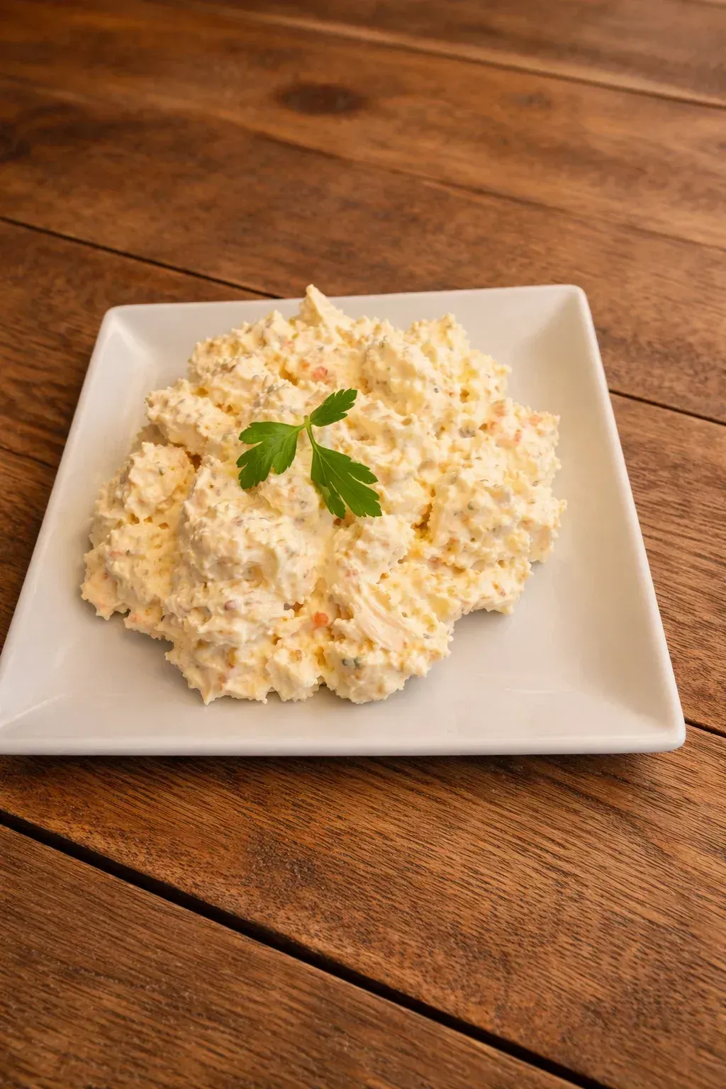 Una porción de ensalada cremosa de color amarillo pálido, adornada con una pequeña ramita de perejil verde.