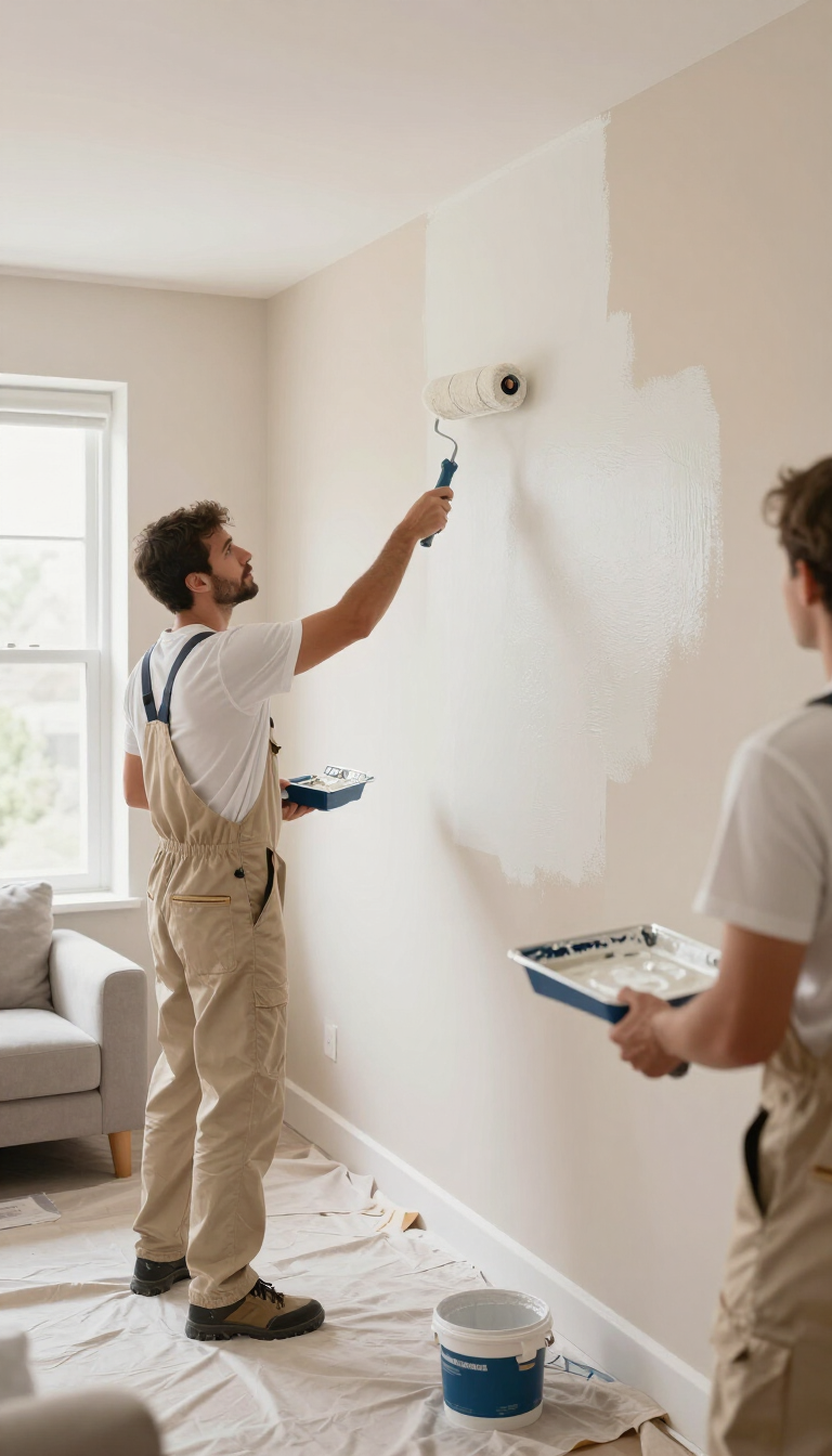 Dos pintores con monos de trabajo color beige pintan una pared blanca en una habitación luminosa.