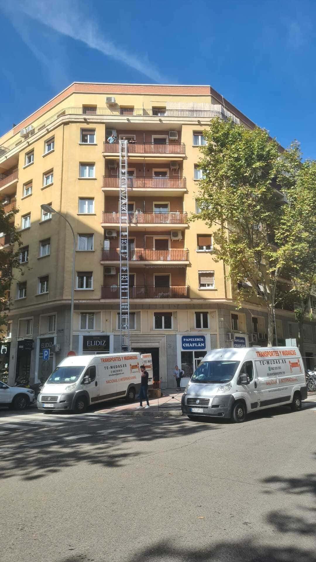 Edificio de apartamentos en una soleada calle de la ciudad con furgonetas blancas aparcadas y árboles enfrente.