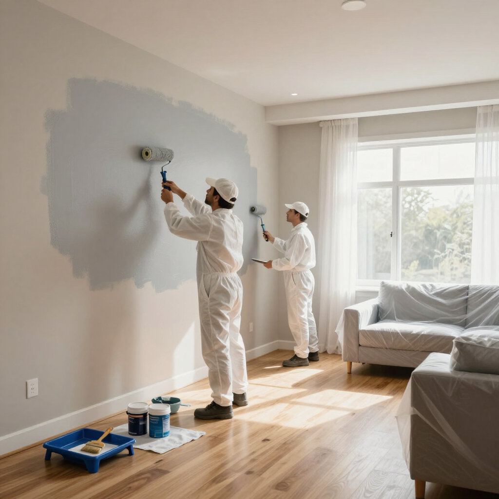 Dos pintores con monos blancos pintando una pared gris en una luminosa sala de estar.