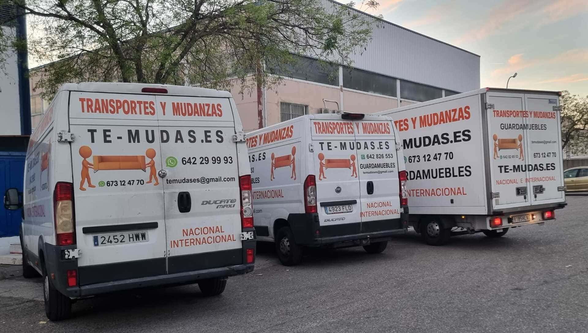 Tres camiones de mudanza blancos, con texto en español rojo y negro, estaban estacionados en un lote.