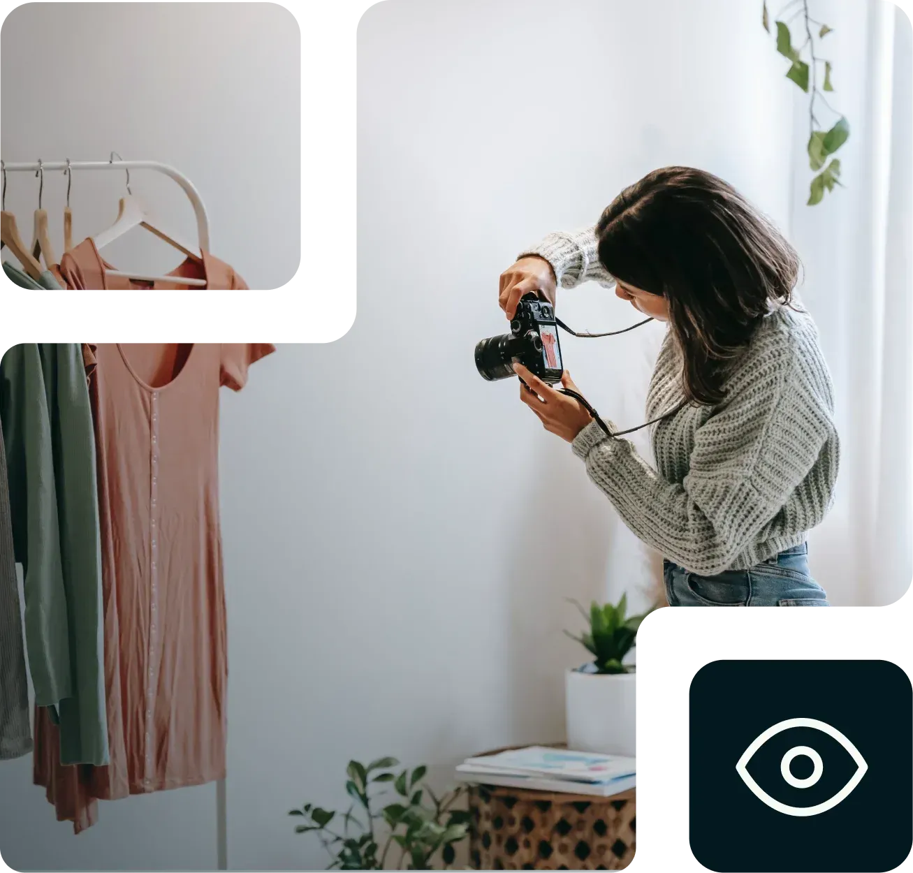 Mujer fotografiando ropa en una habitación luminosa con prendas colgadas y plantas.