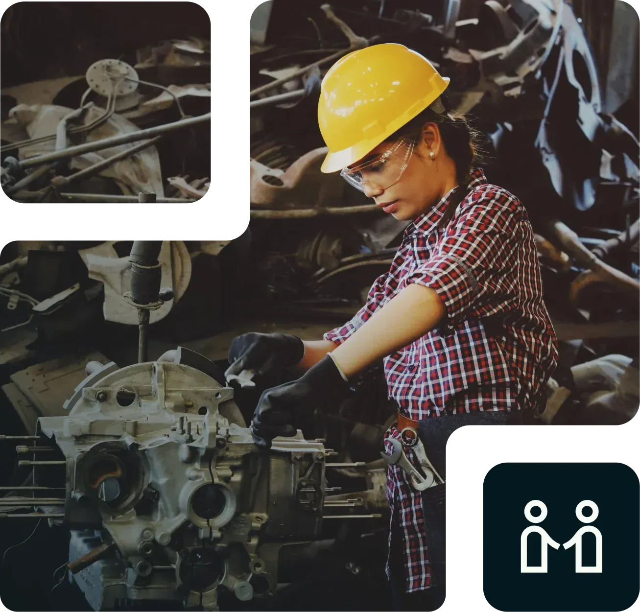 Mujer con casco y gafas de seguridad trabajando con maquinaria en un taller.
