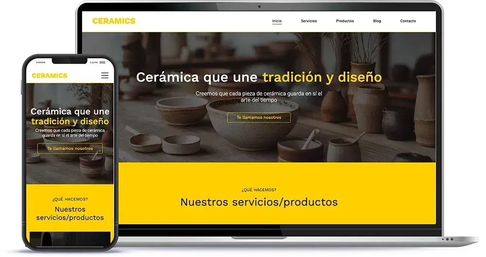 Website mockup on laptop and phone, featuring yellow accents and text: 