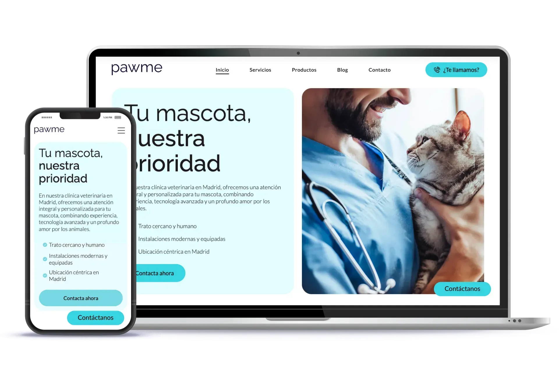 Laptop y teléfono mostrando la página web de Pawme. Un veterinario sostiene un gato. El texto dice: