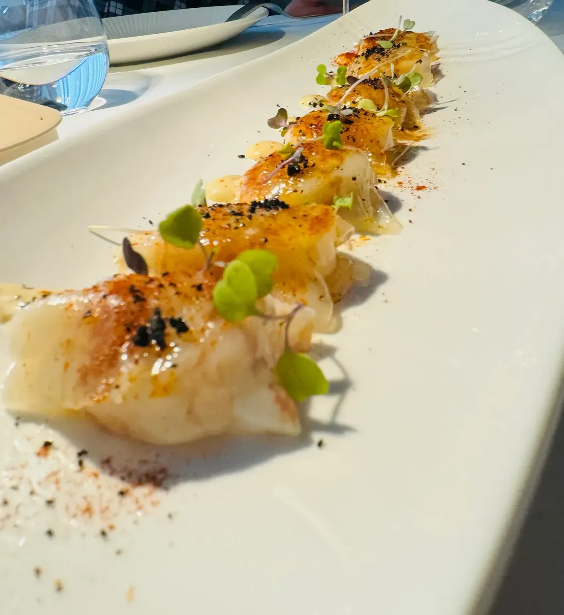 Un plato blanco con una fila de comida encima.