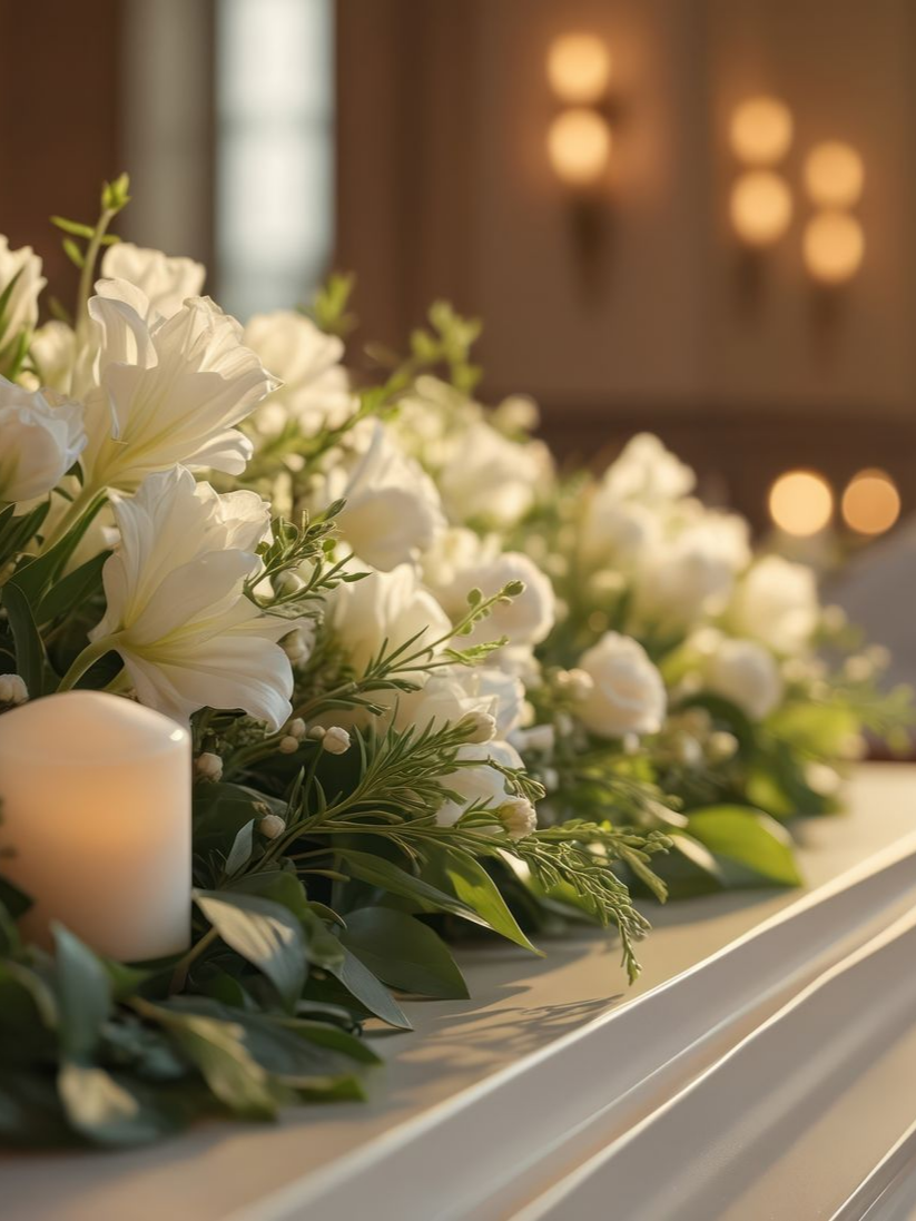 Cercueil moderne orné de fleurs blanches et de bougies.