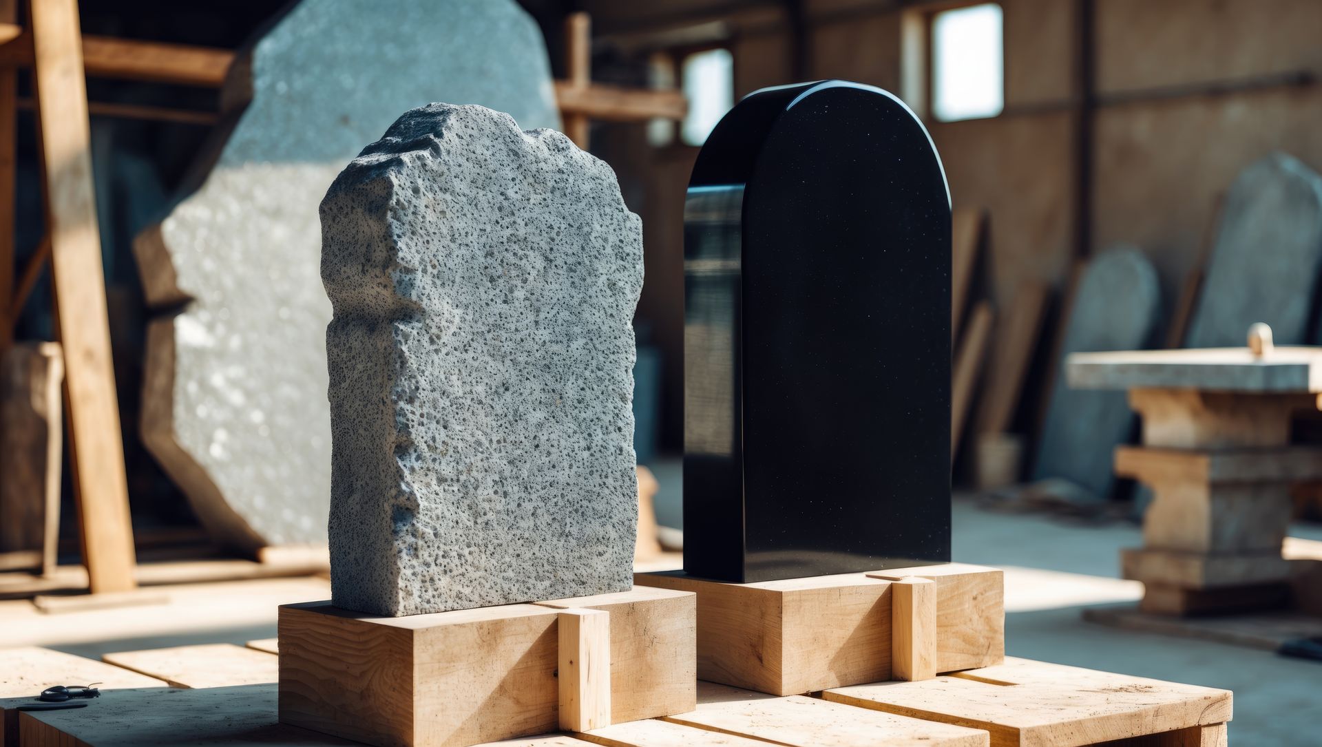 Des pierres tombales vides dans un atelier.