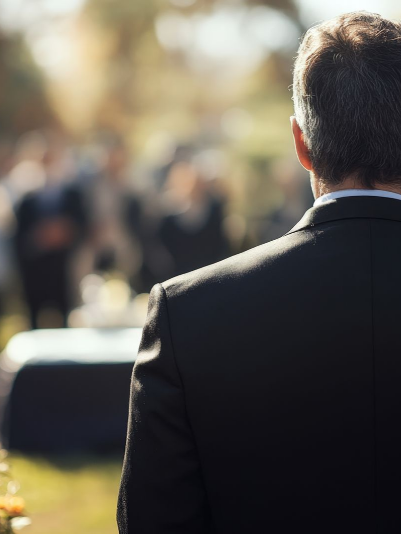 Un homme en costume noir de dos à un enterrement.