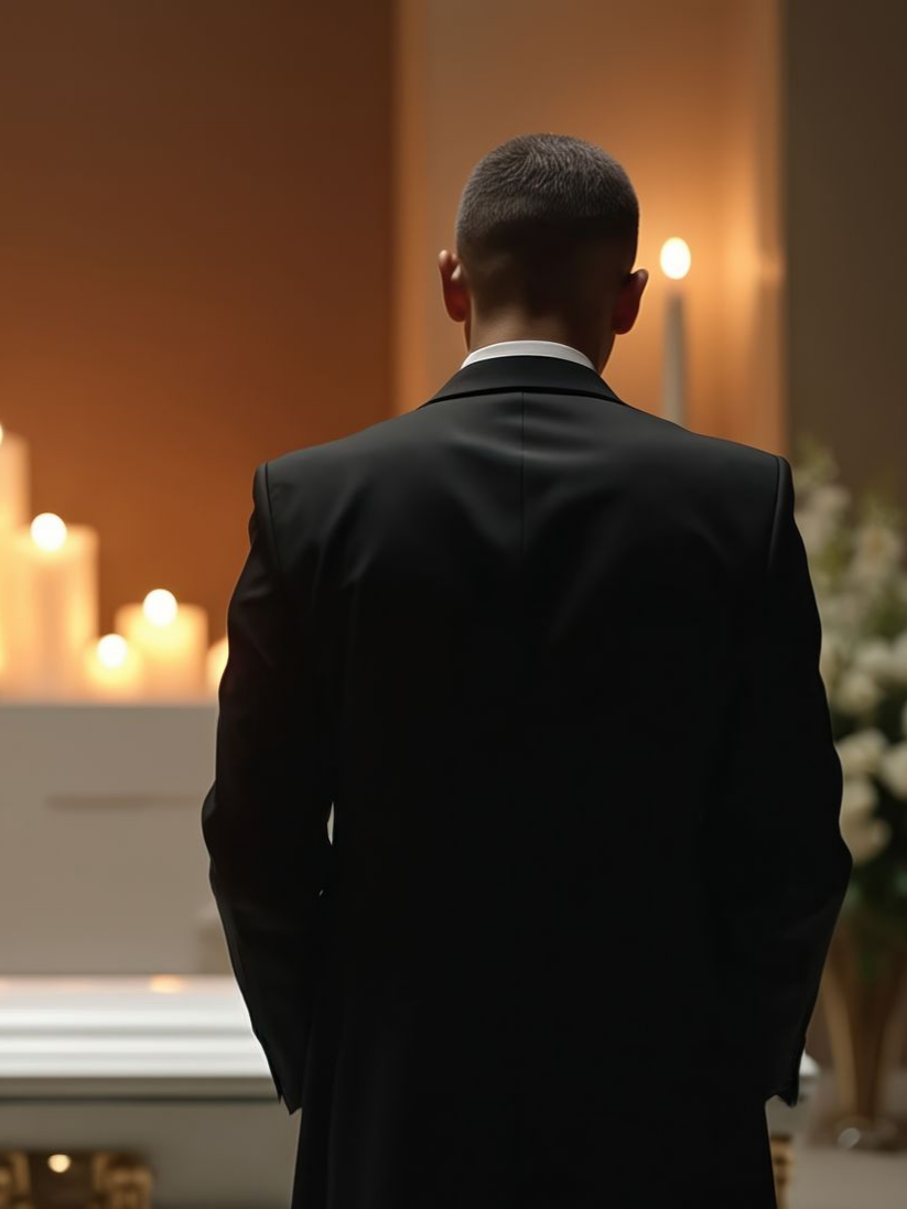 Homme habillé en noir devant un cercueil lors d'une cérémonie.