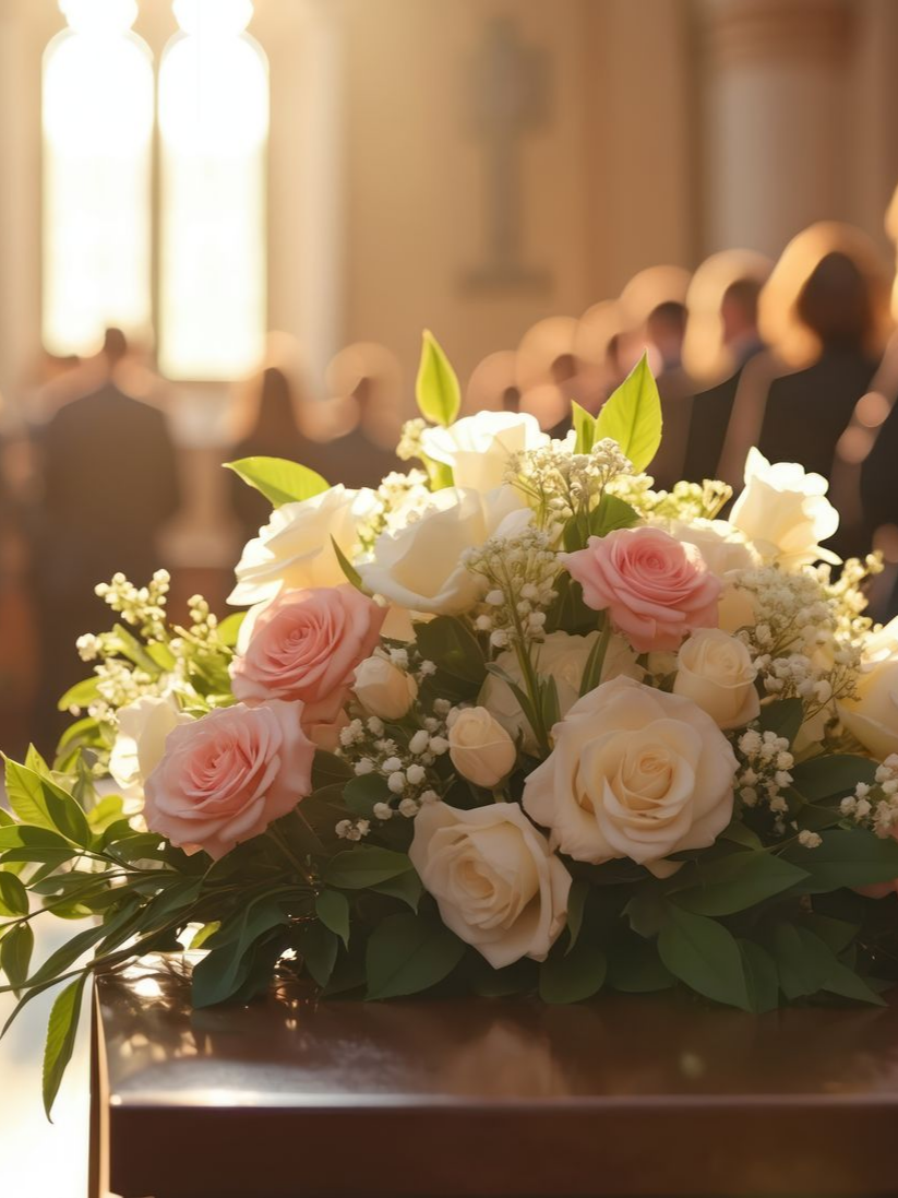 Un cercueil recouvert de fleurs dans une église.