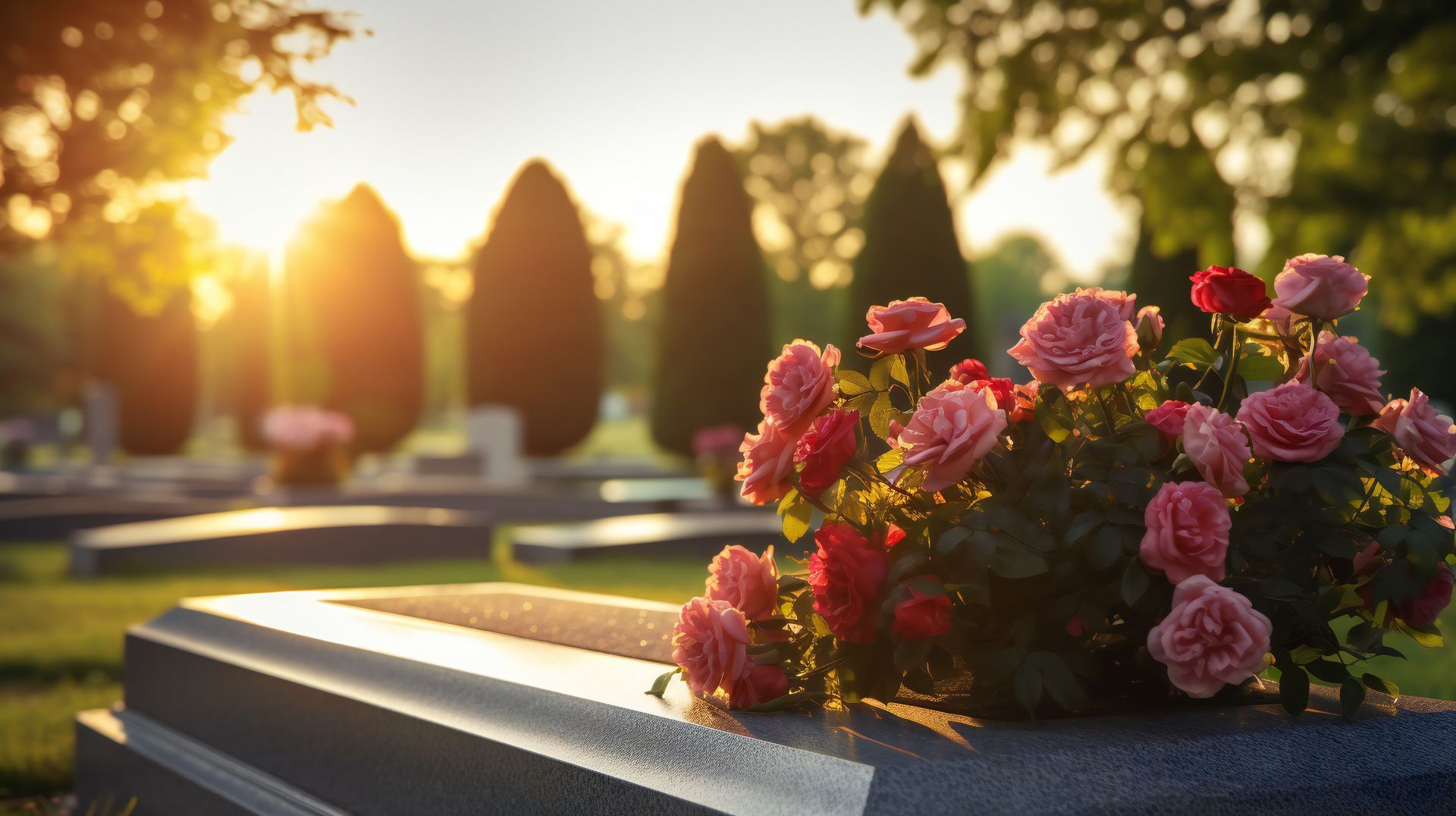 Coucher de soleil sur un cimetière avec une tombe fleurie en premier plan.
