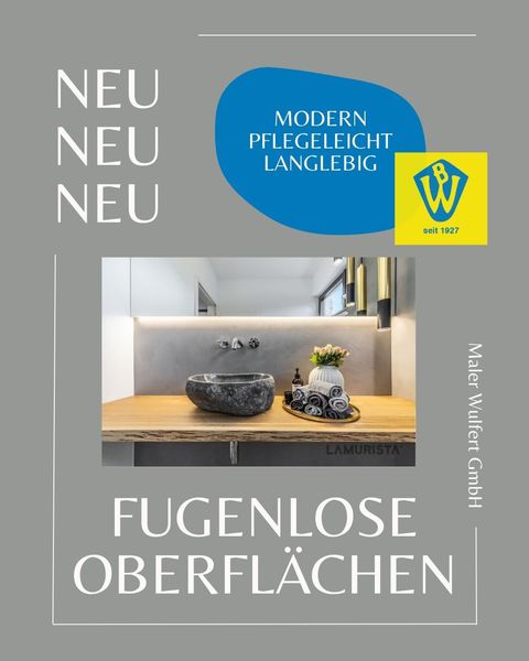 Fugenlose Oberflächen Flyer Ein Buch mit dem Titel „Neu neu neu“ hat ein Bild von einem Waschbecken auf dem Cover