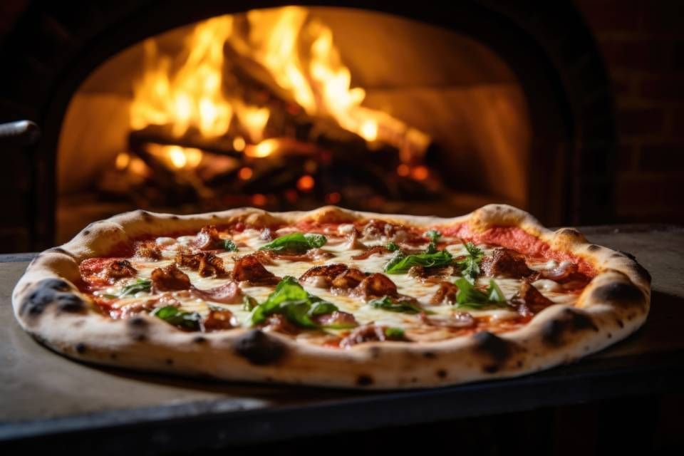 Gebackene Pizza auf Holzbrett, im Hintergrund Holzofen