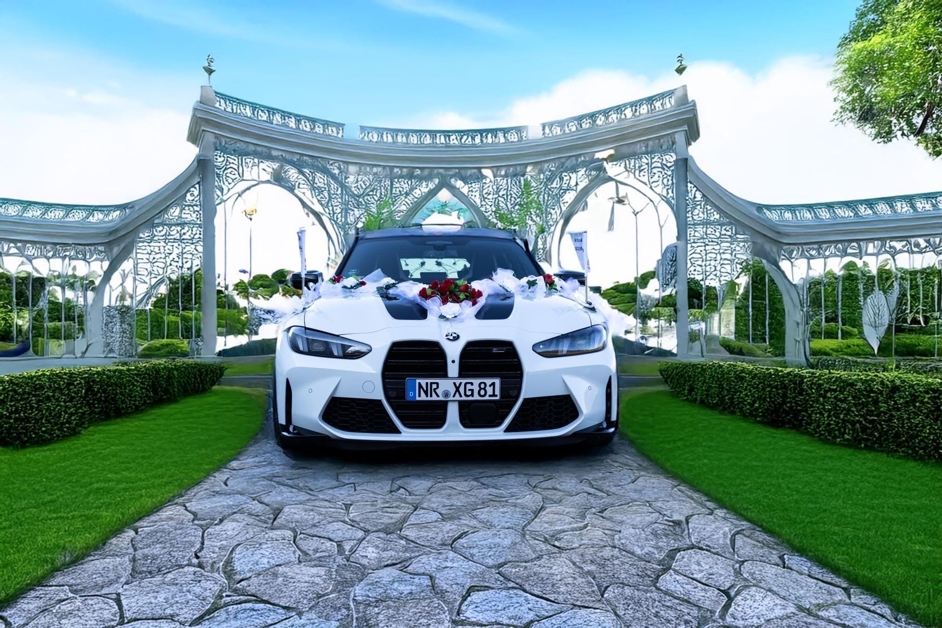 BMW M3 Touring Competition als Hochzeitsauto Dekoriert vor toller Kulisse