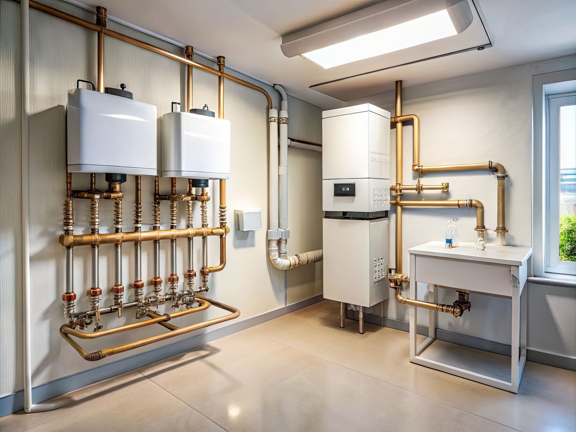 Warmwasserbereiter und Sanitärinstallationen in einem Hauswirtschaftsraum mit Spüle und Fenster.