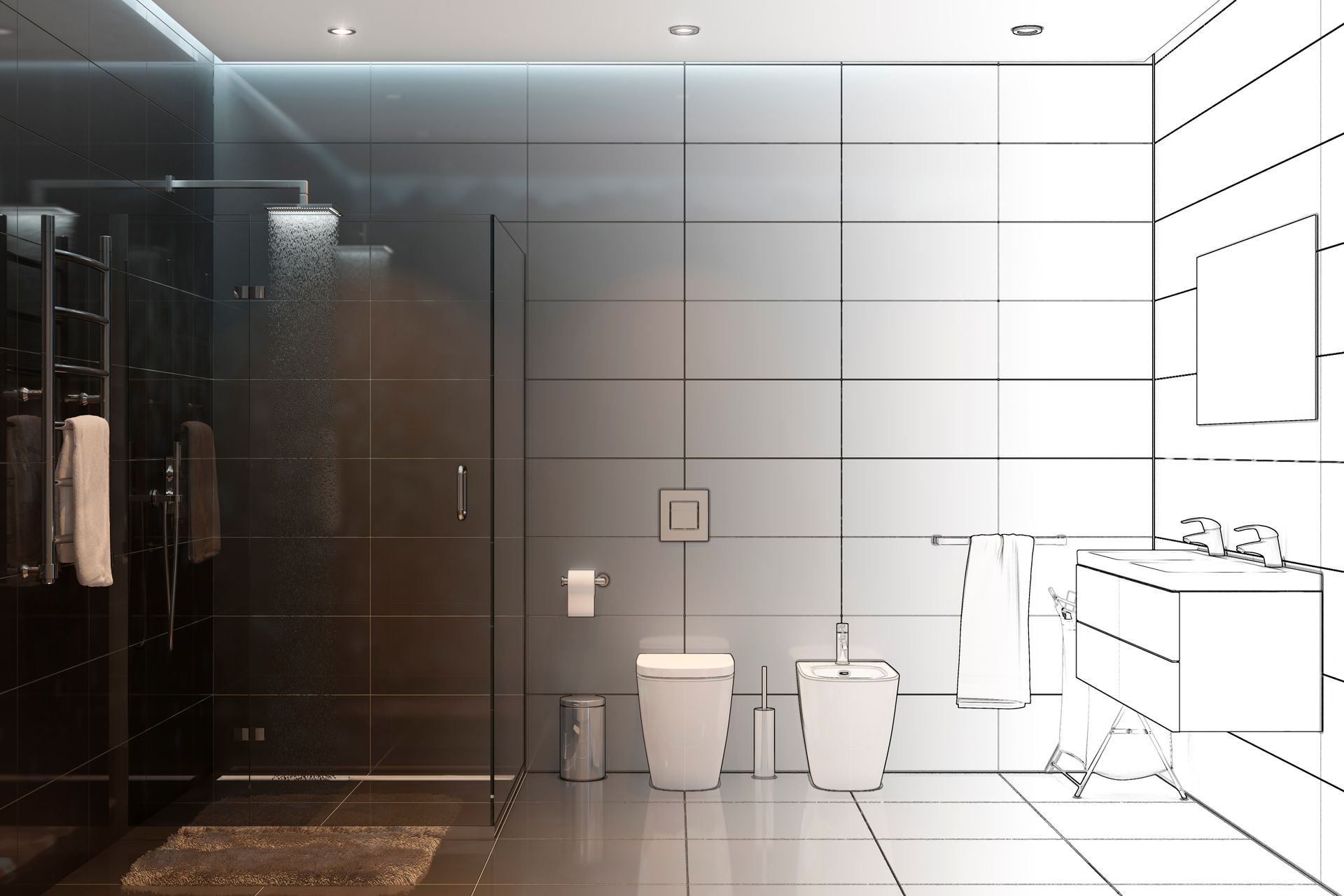 Modernes Badezimmer: Dusche mit Regenbrause, dunkle Fliesen, Toilette, Waschbecken umrandet und teilweise gezeichnet.