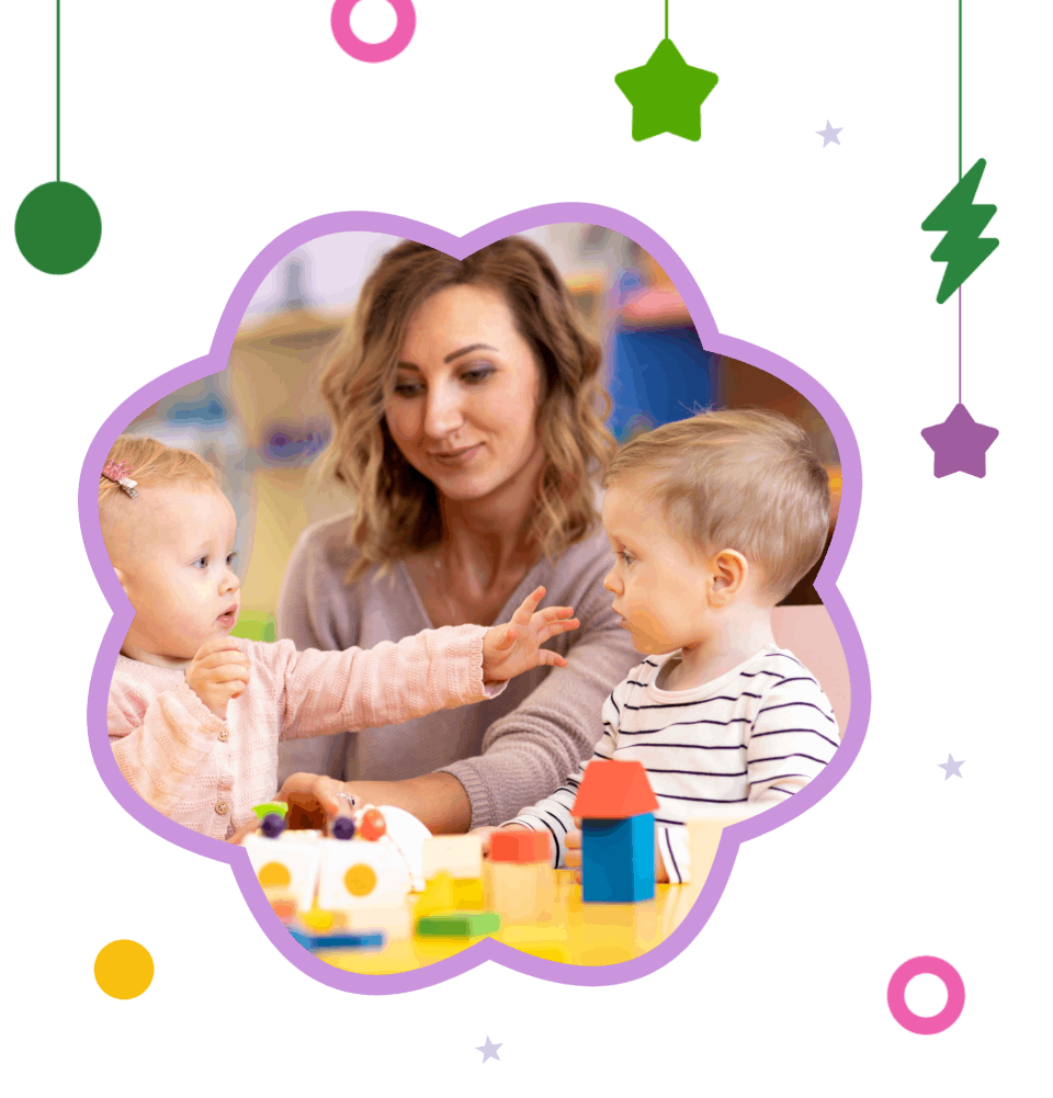 een vrouw en kinderen die met speelgoed spelen