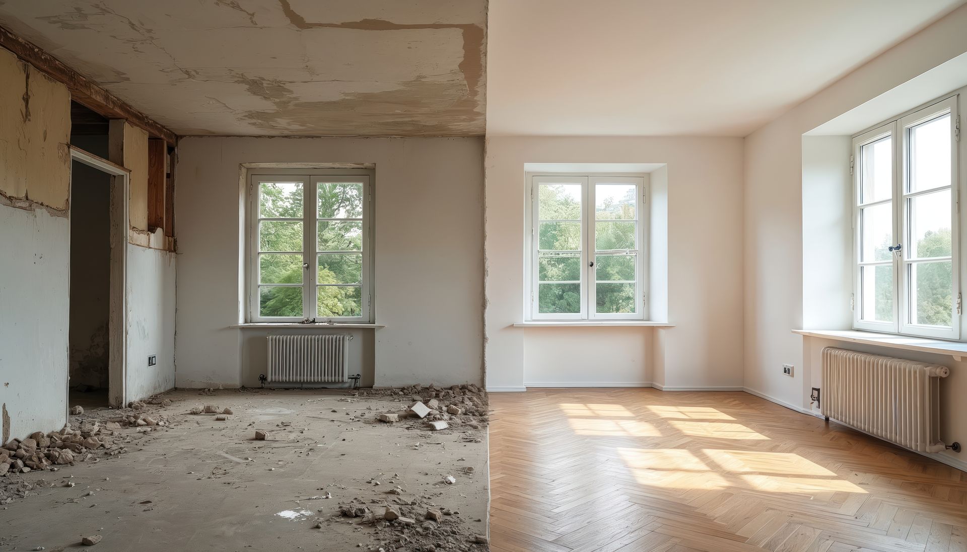 Comparaison de rénovations de pièces : à gauche, un espace inachevé et encombré de débris ; à droite, une pièce propre et lumineuse avec des fenêtres.