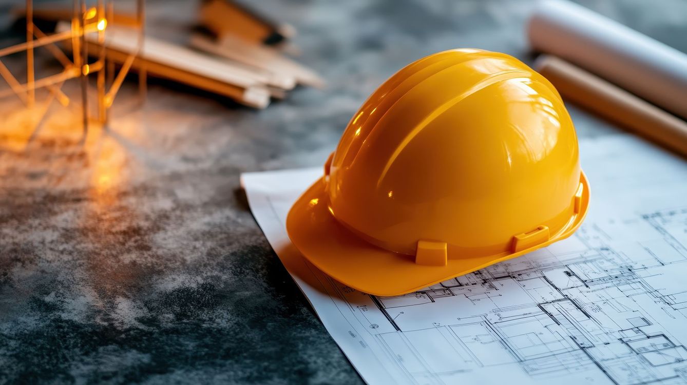 Une table avec des plans et des casques de chantier devant une maison en construction.