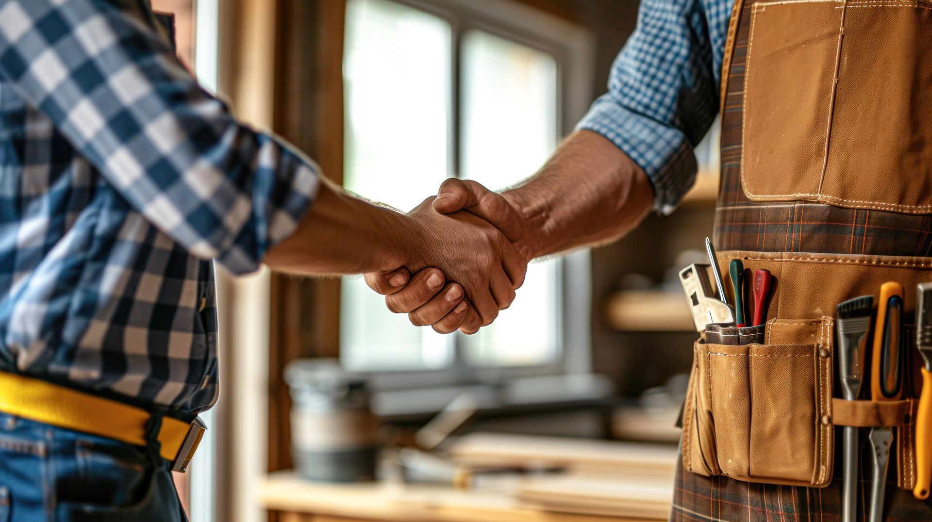 Deux personnes se serrent la main, l'une d'elles portant une ceinture à outils, dans un atelier.