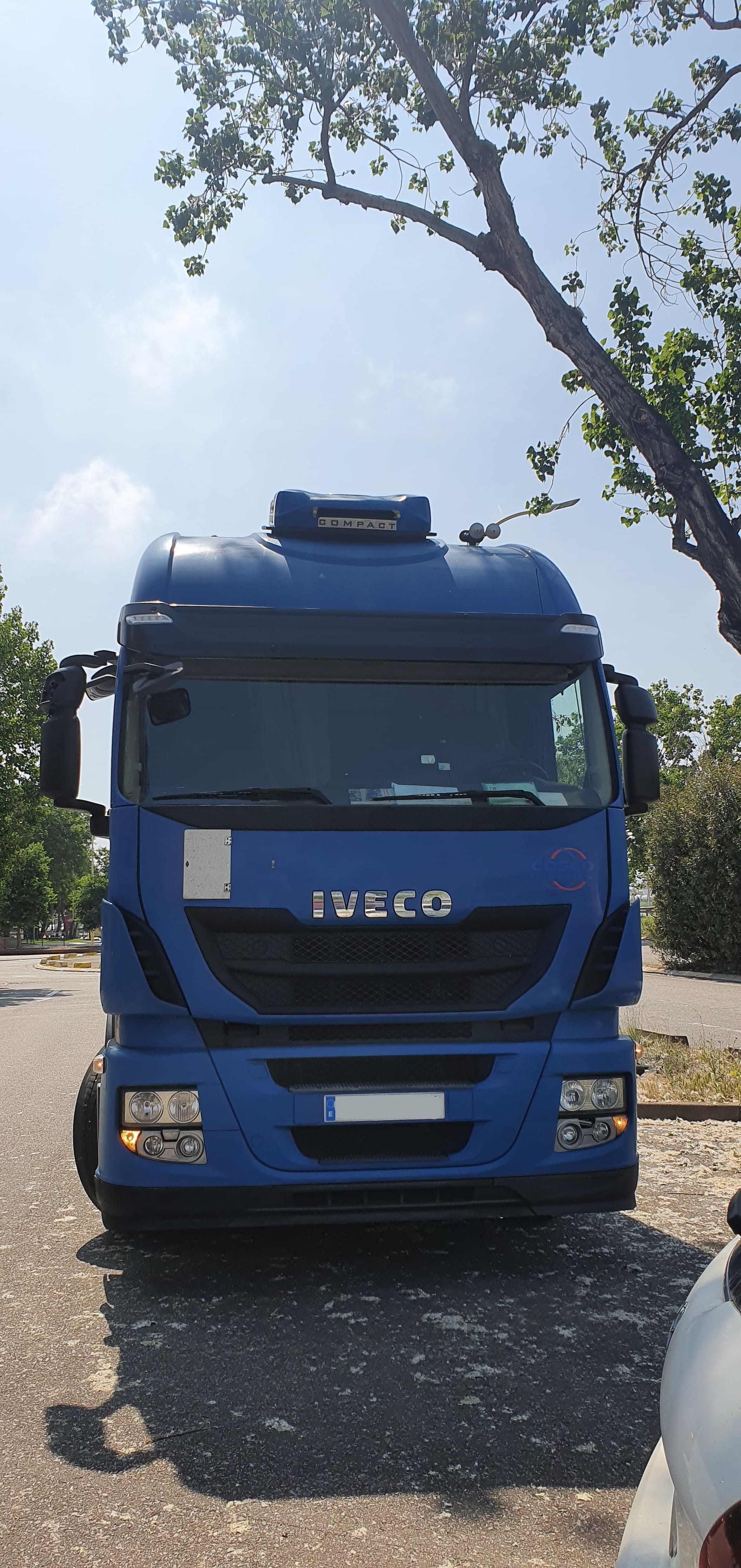 Un camión Iveco azul está estacionado en un estacionamiento al lado de un árbol.